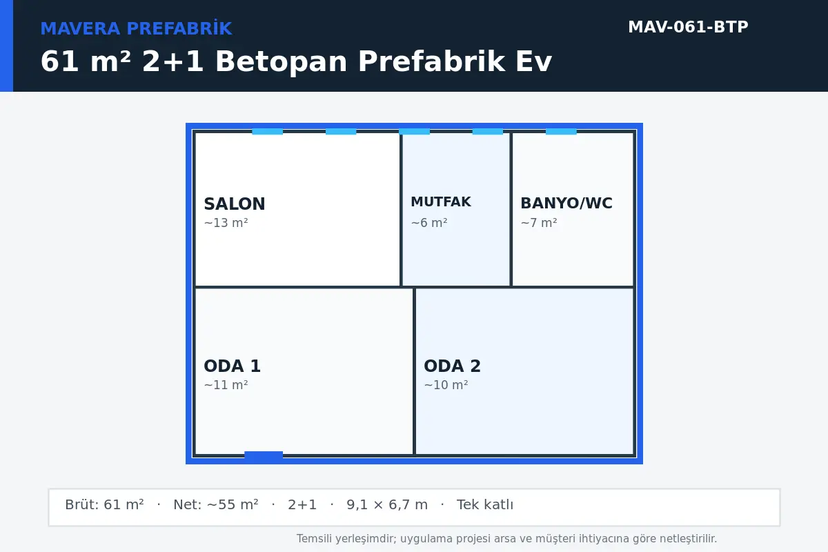 61 m² 2+1 Betopan prefabrik ev temsili kat planı