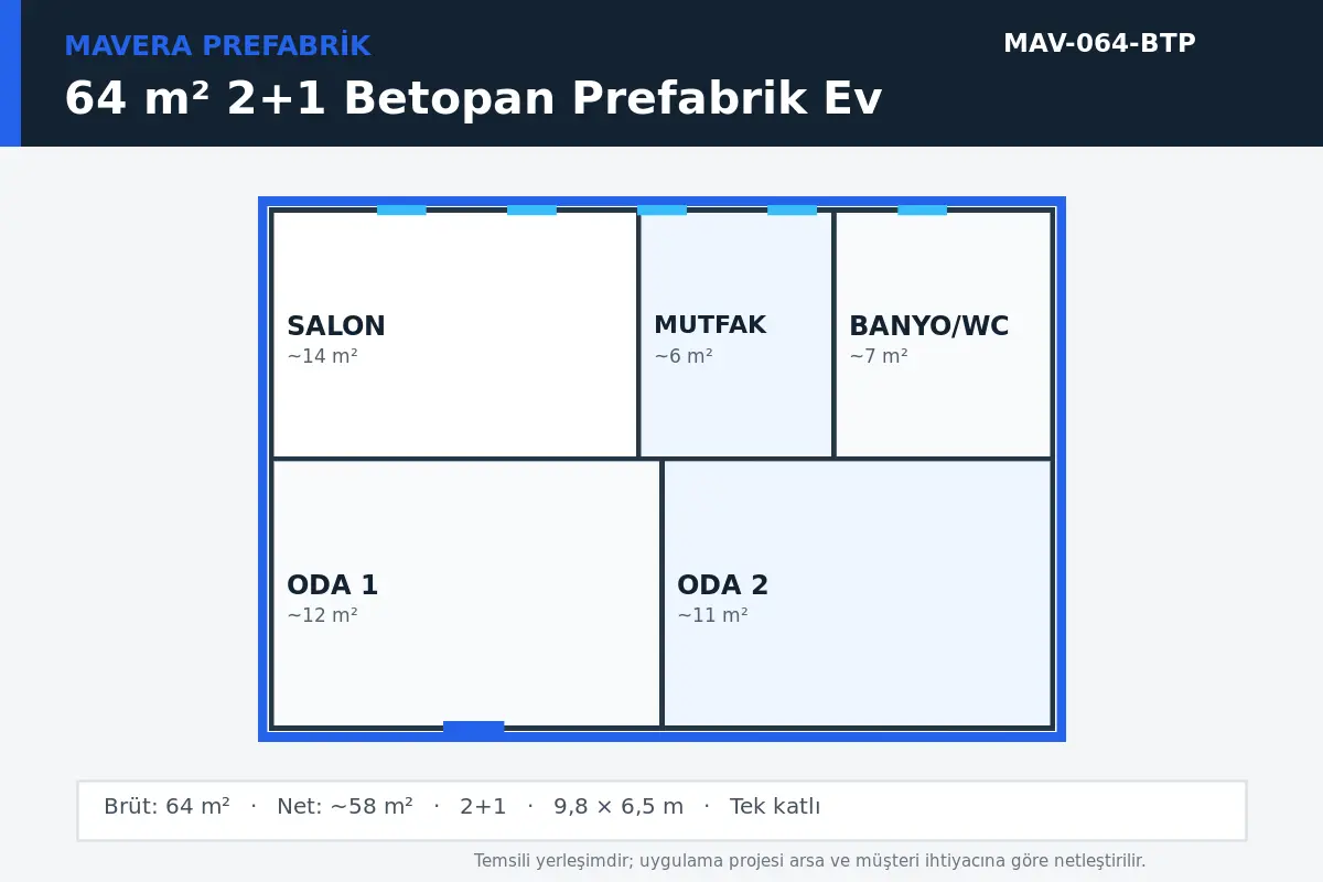 64 m² 2+1 Betopan prefabrik ev temsili kat planı