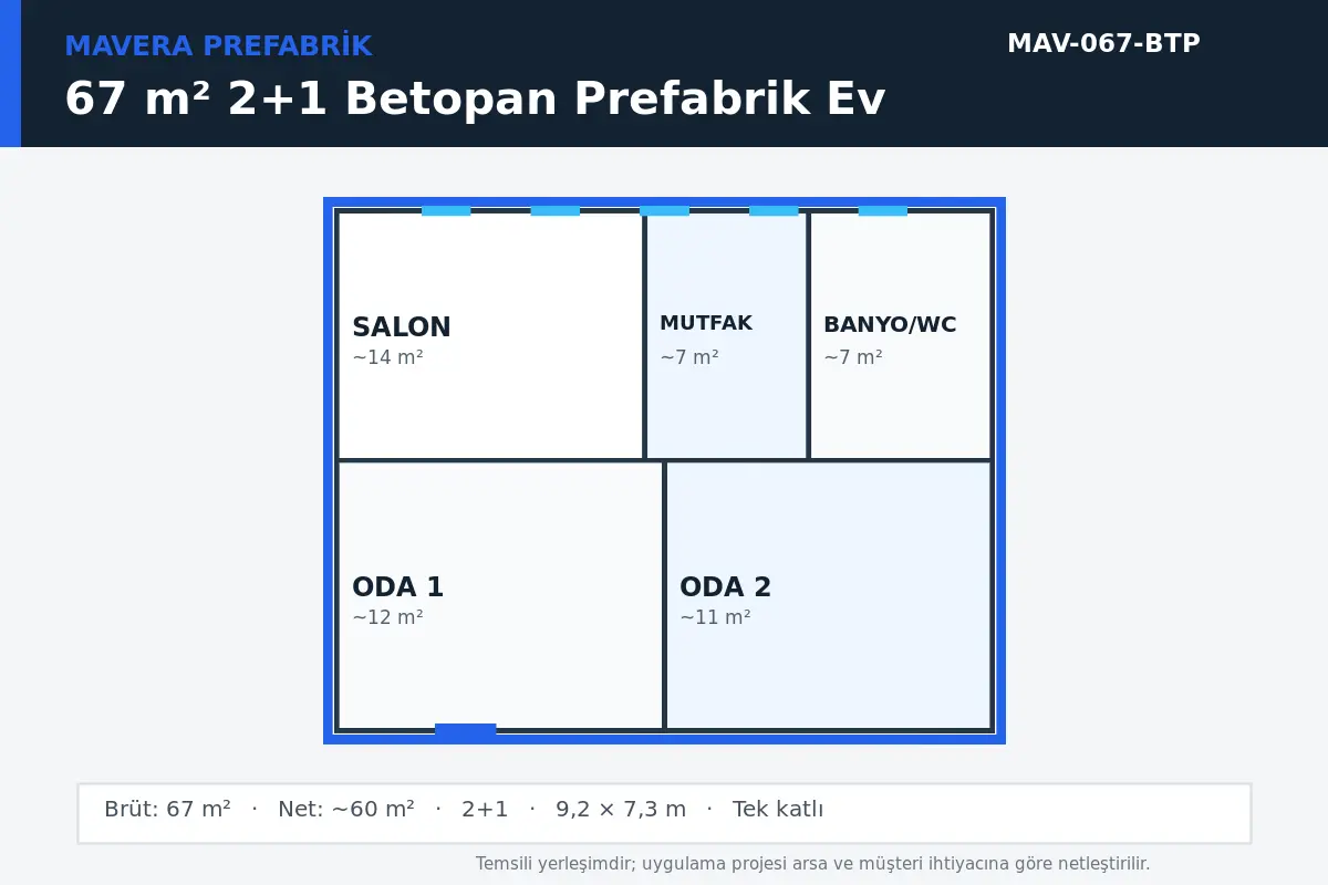 67 m² 2+1 Betopan prefabrik ev temsili kat planı