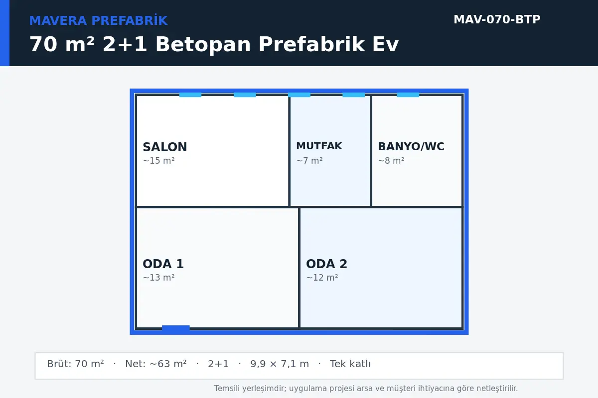 70 m² 2+1 Betopan prefabrik ev temsili kat planı
