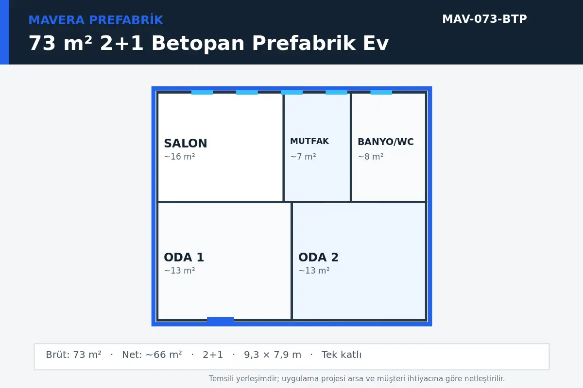 73 m² 2+1 Betopan prefabrik ev temsili kat planı