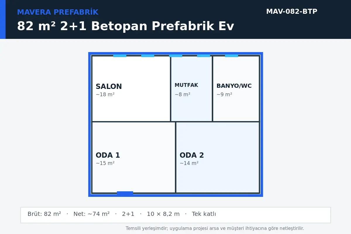 82 m² 2+1 Betopan prefabrik ev temsili kat planı