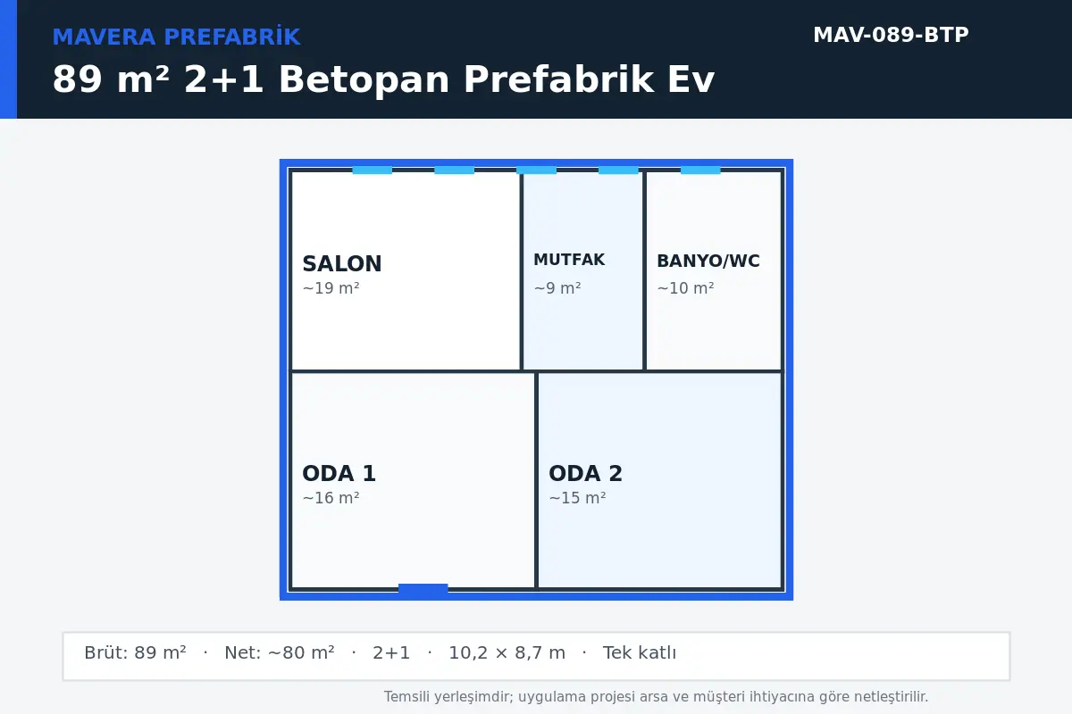 89 m² 2+1 Betopan prefabrik ev temsili kat planı