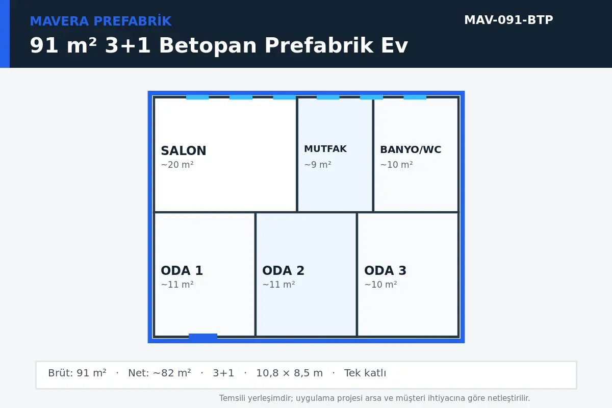 91 m² 3+1 Betopan prefabrik ev temsili kat planı