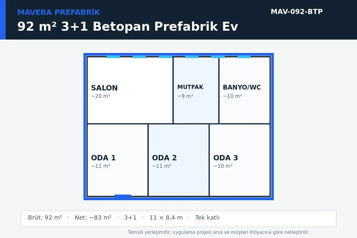 92 m² 3+1 Betopan prefabrik ev temsili kat planı