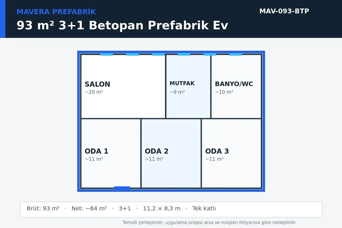93 m² 3+1 Betopan prefabrik ev temsili kat planı