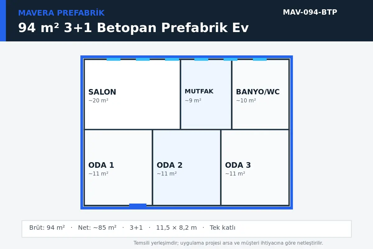 94 m² 3+1 Betopan prefabrik ev temsili kat planı