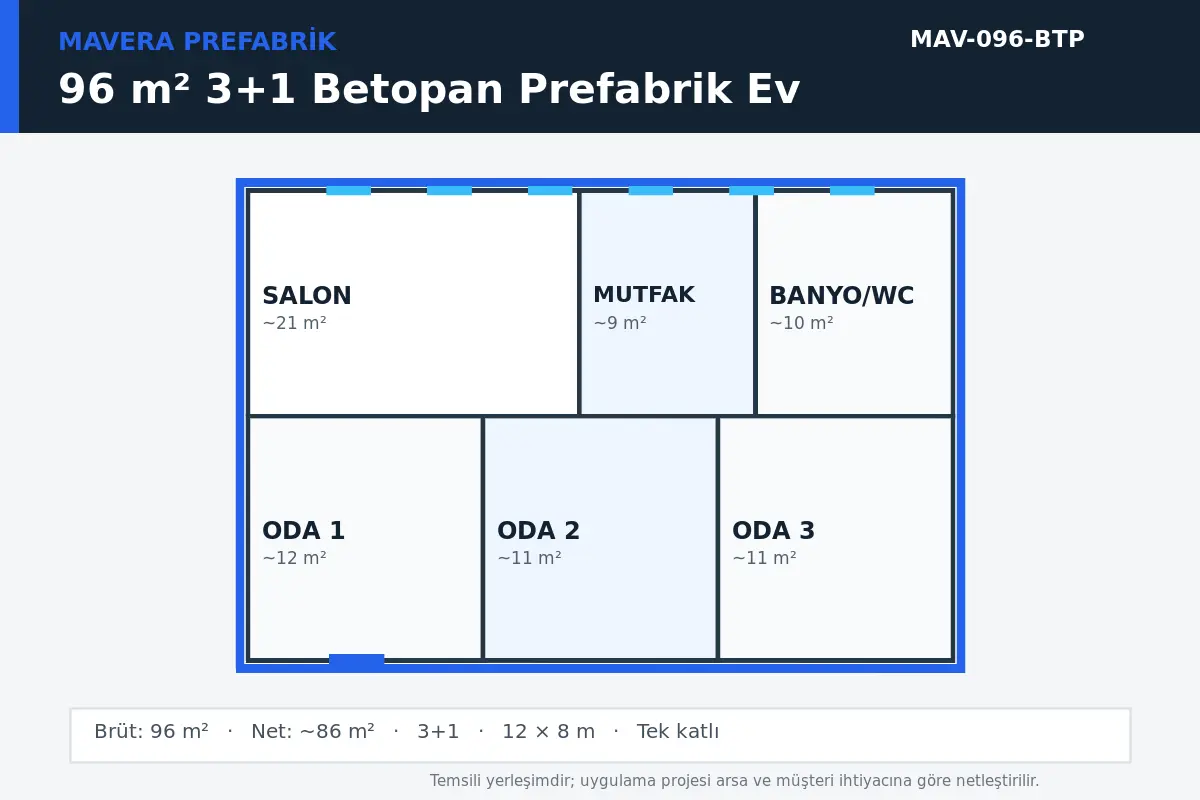 96 m² 3+1 Betopan prefabrik ev temsili kat planı