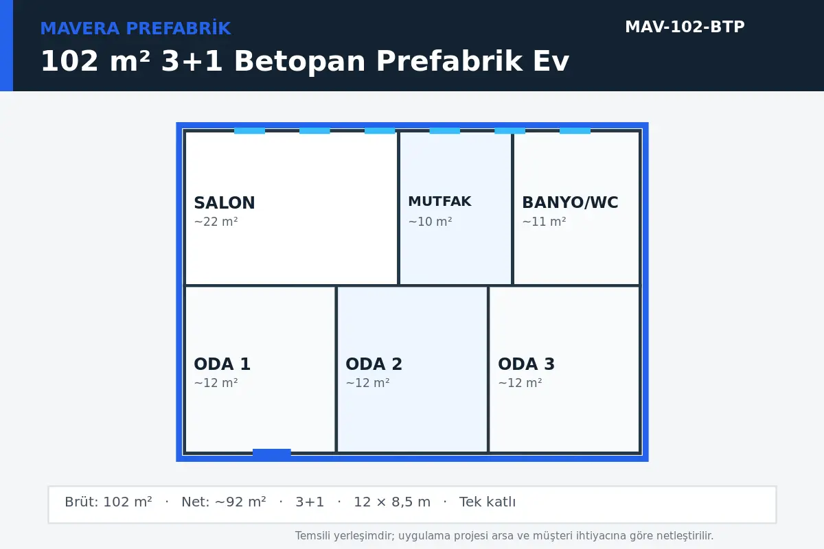 102 m² 3+1 Betopan prefabrik ev temsili kat planı