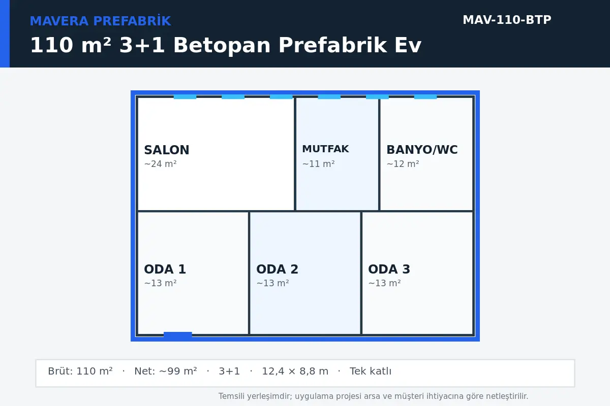 110 m² 3+1 Betopan prefabrik ev temsili kat planı