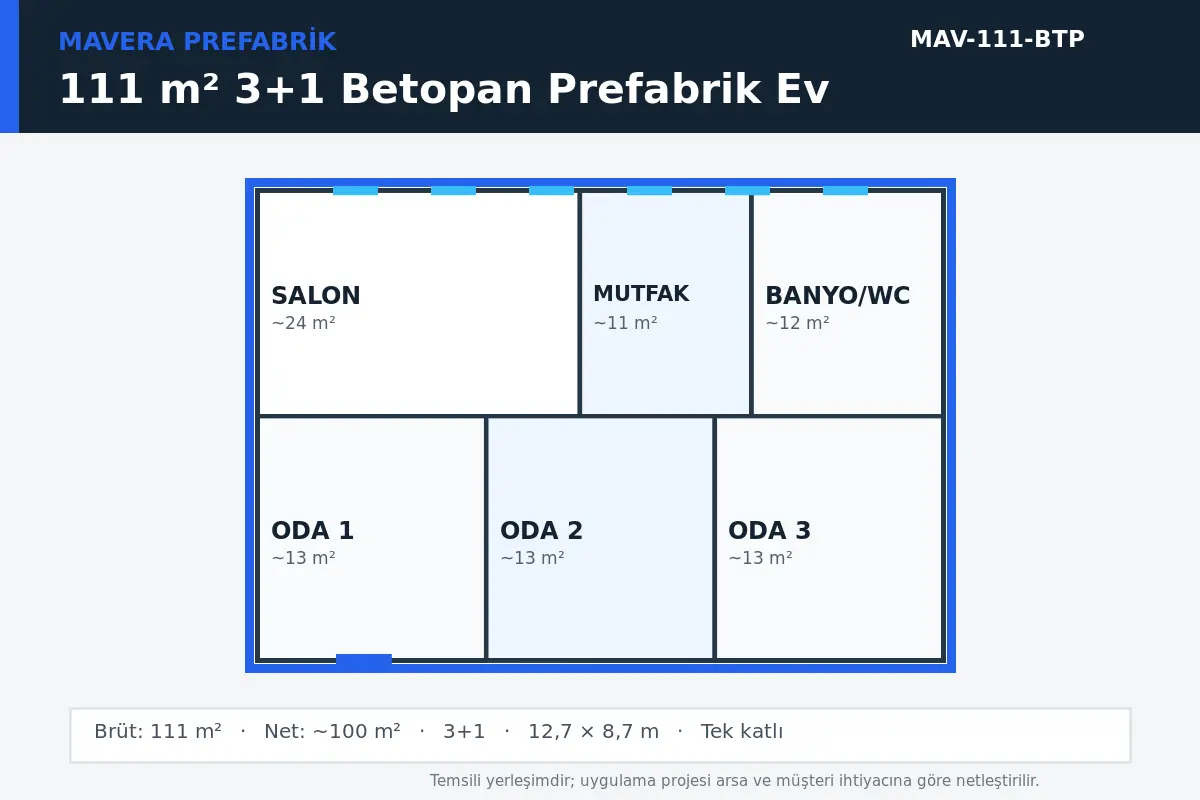 111 m² 3+1 Betopan prefabrik ev temsili kat planı