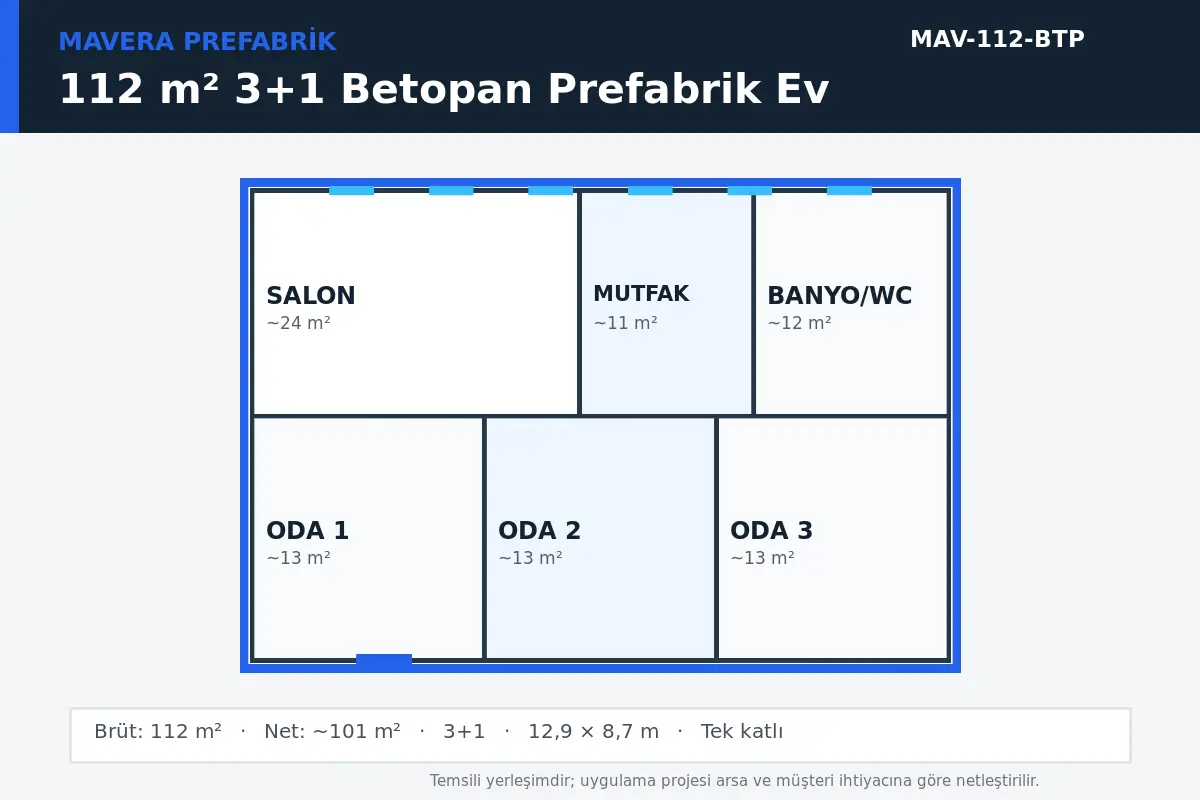 112 m² 3+1 Betopan prefabrik ev temsili kat planı
