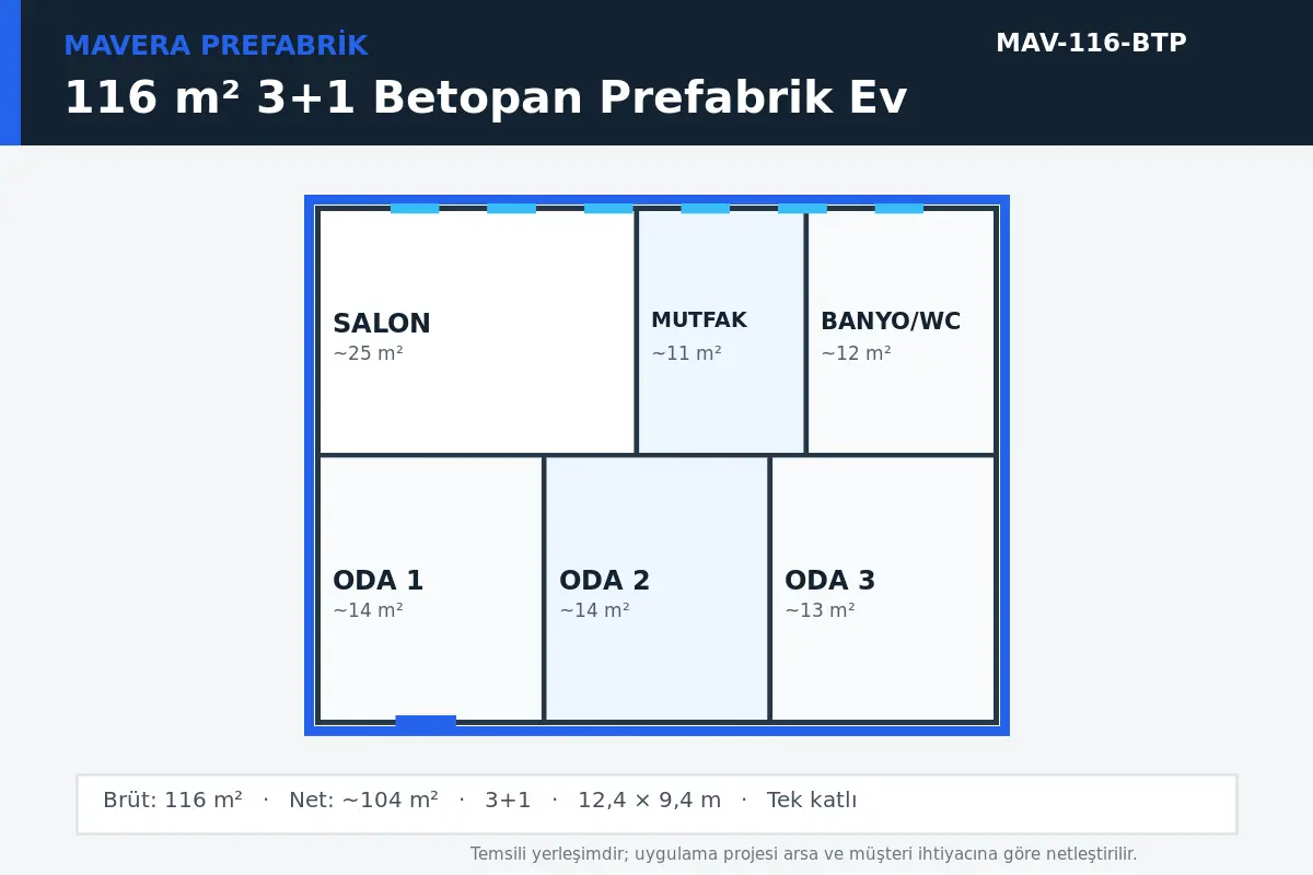 116 m² 3+1 Betopan prefabrik ev temsili kat planı
