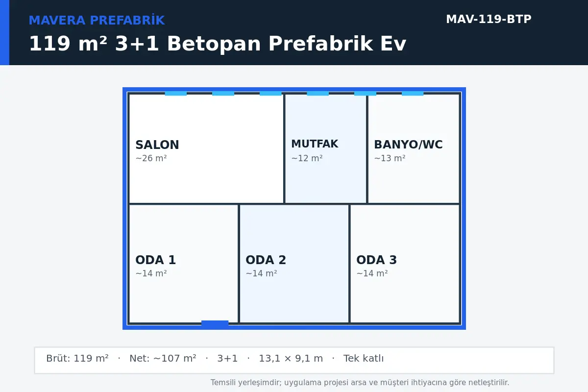 119 m² 3+1 Betopan prefabrik ev temsili kat planı