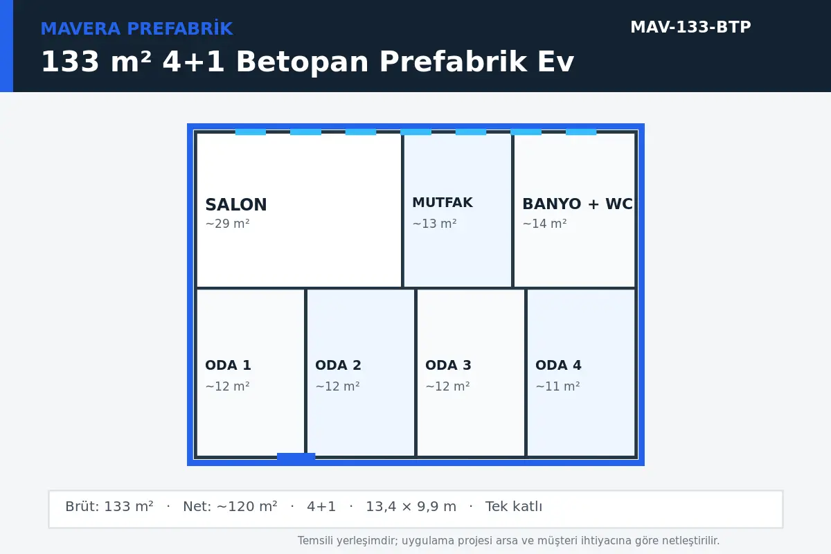 133 m² 4+1 Betopan prefabrik ev temsili kat planı
