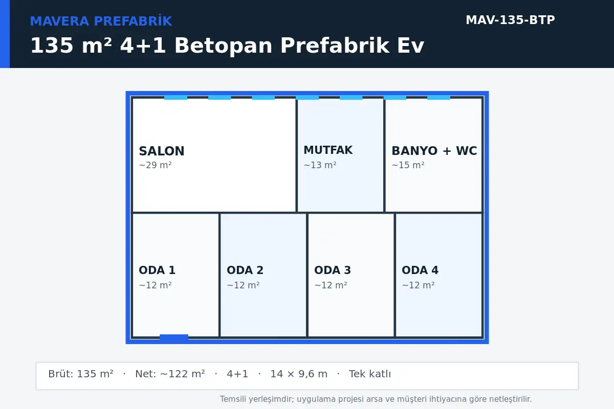 135 m² 4+1 Betopan prefabrik ev temsili kat planı