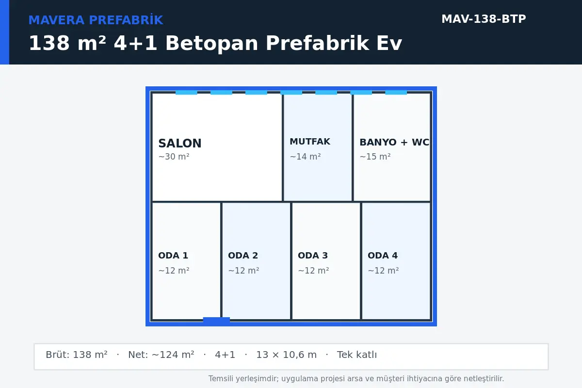 138 m² 4+1 Betopan prefabrik ev temsili kat planı