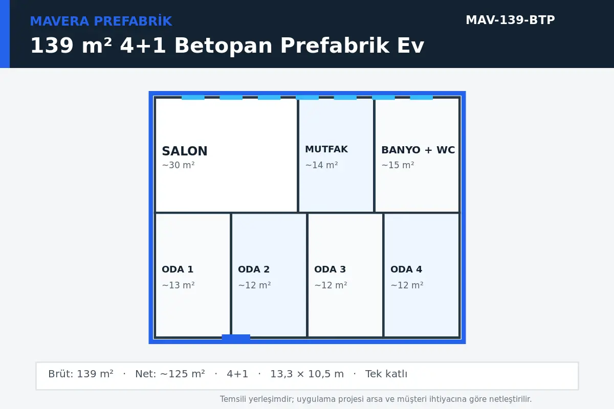 139 m² 4+1 Betopan prefabrik ev temsili kat planı