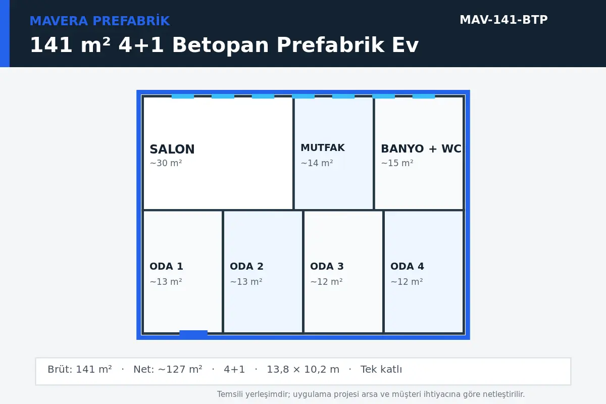 141 m² 4+1 Betopan prefabrik ev temsili kat planı