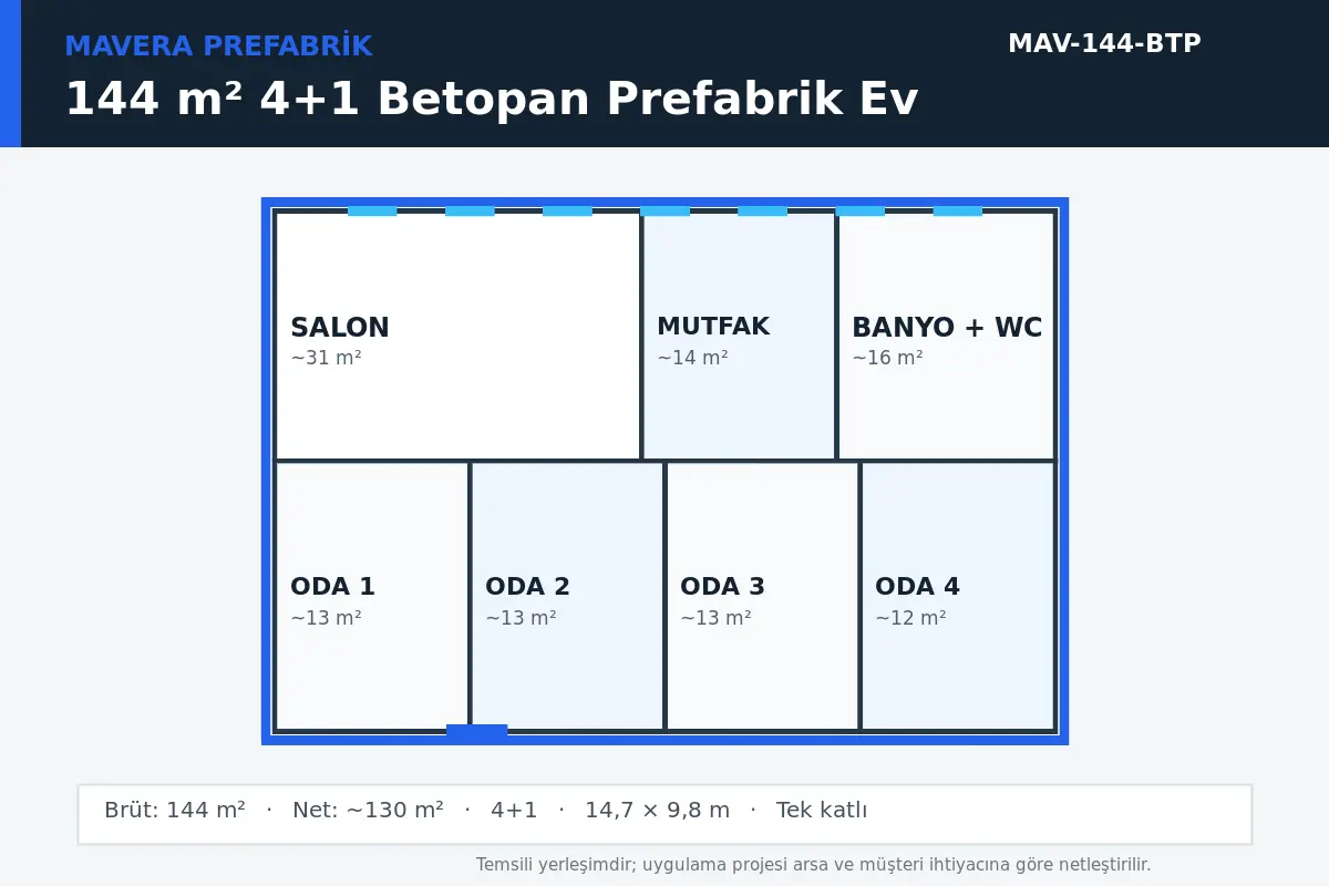 144 m² 4+1 Betopan prefabrik ev temsili kat planı