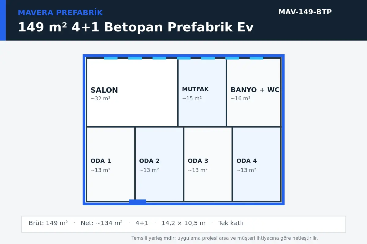 149 m² 4+1 Betopan prefabrik ev temsili kat planı