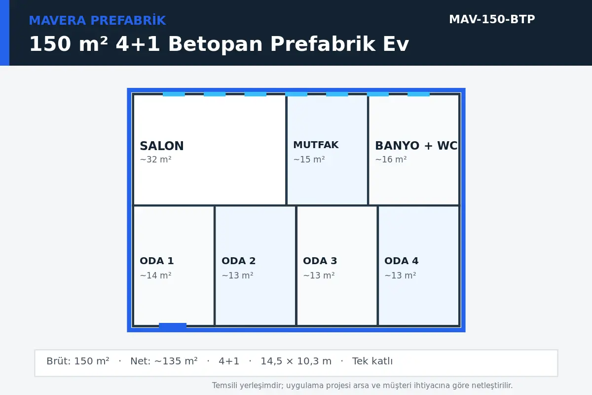 150 m² 4+1 Betopan prefabrik ev temsili kat planı