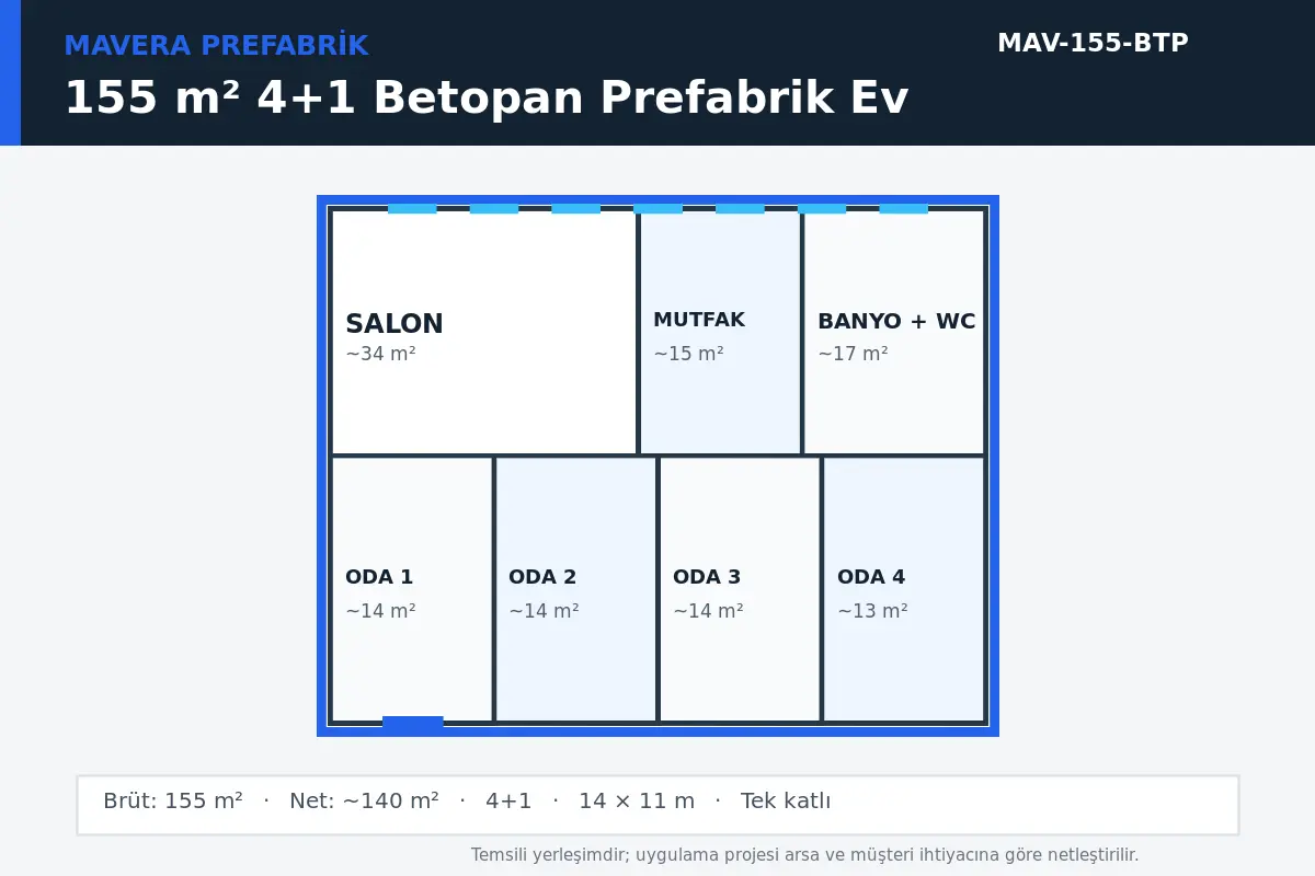 155 m² 4+1 Betopan prefabrik ev temsili kat planı