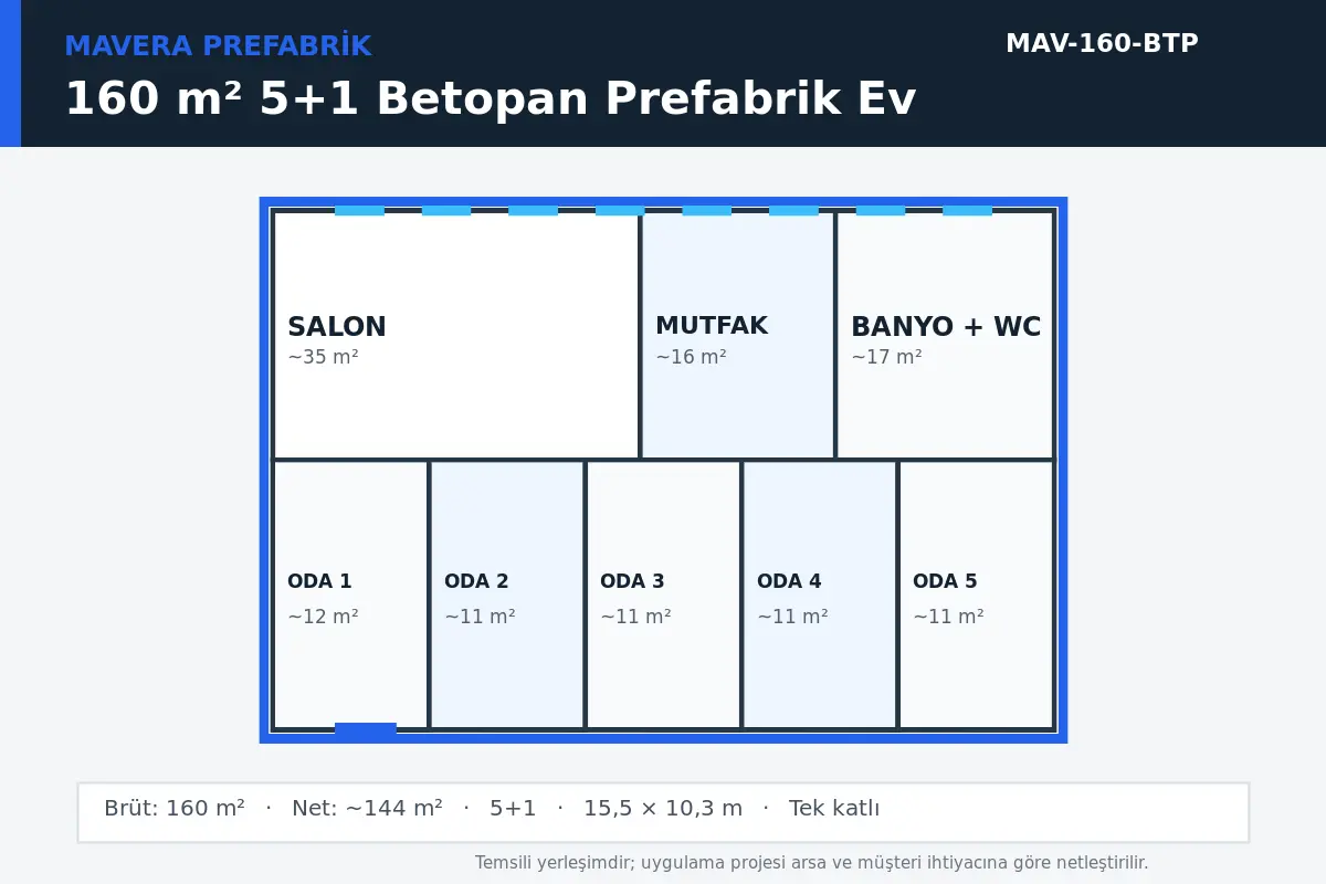 160 m² 5+1 Betopan prefabrik ev temsili kat planı