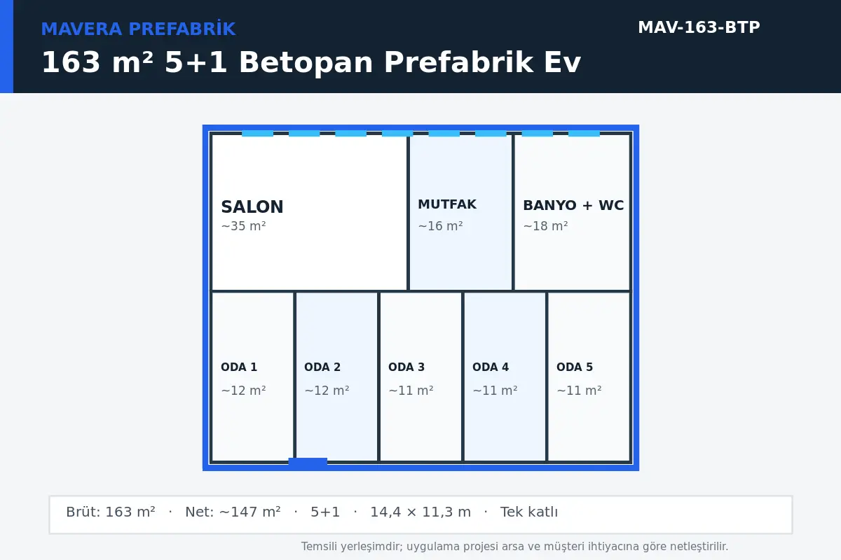 163 m² 5+1 Betopan prefabrik ev temsili kat planı