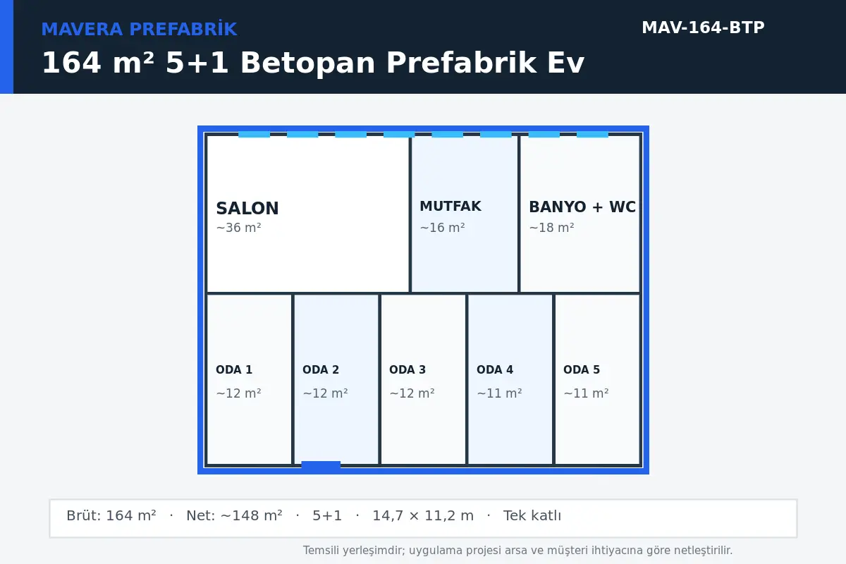 164 m² 5+1 Betopan prefabrik ev temsili kat planı