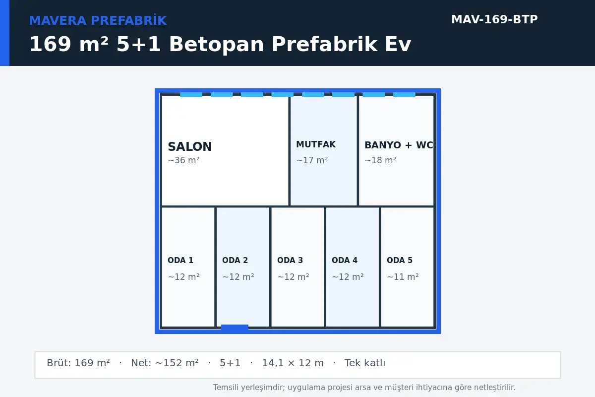 169 m² 5+1 Betopan prefabrik ev temsili kat planı
