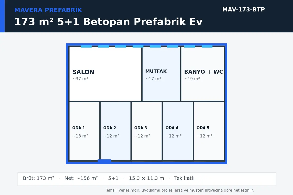 173 m² 5+1 Betopan prefabrik ev temsili kat planı