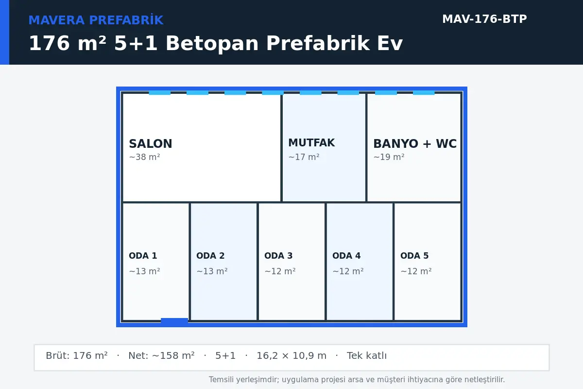 176 m² 5+1 Betopan prefabrik ev temsili kat planı