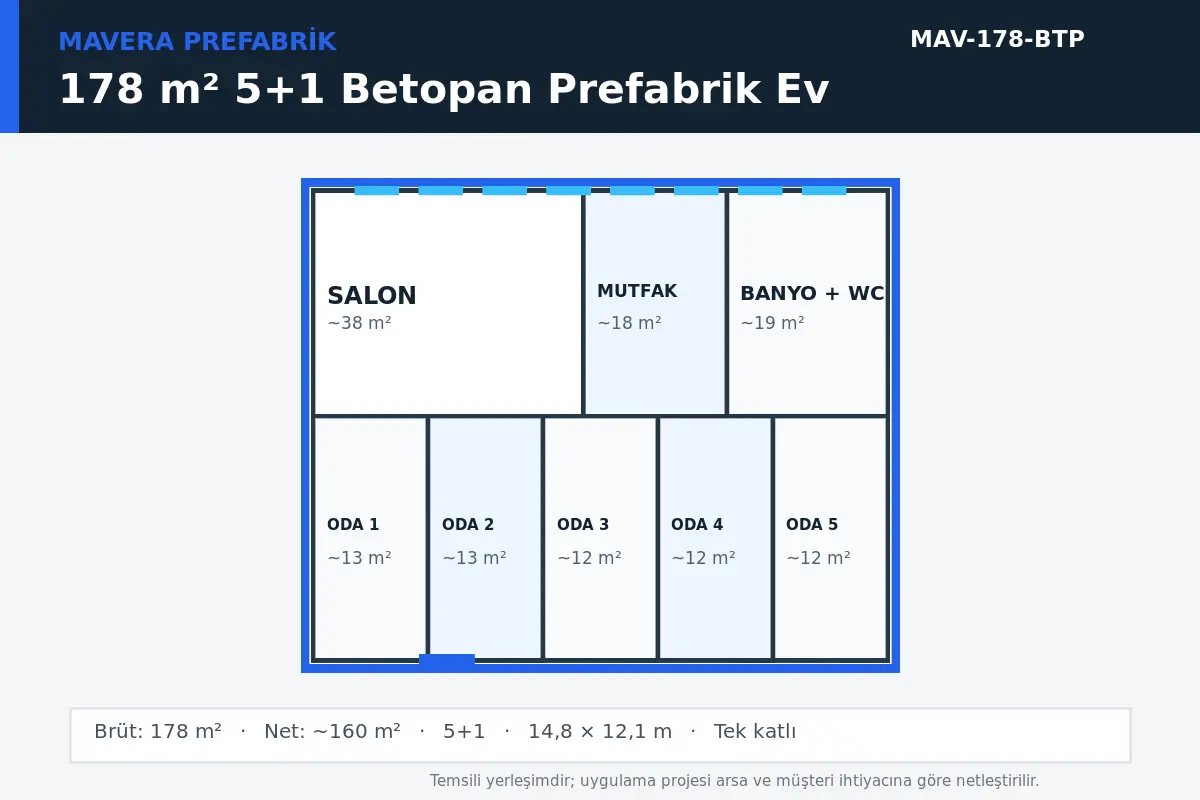 178 m² 5+1 Betopan prefabrik ev temsili kat planı