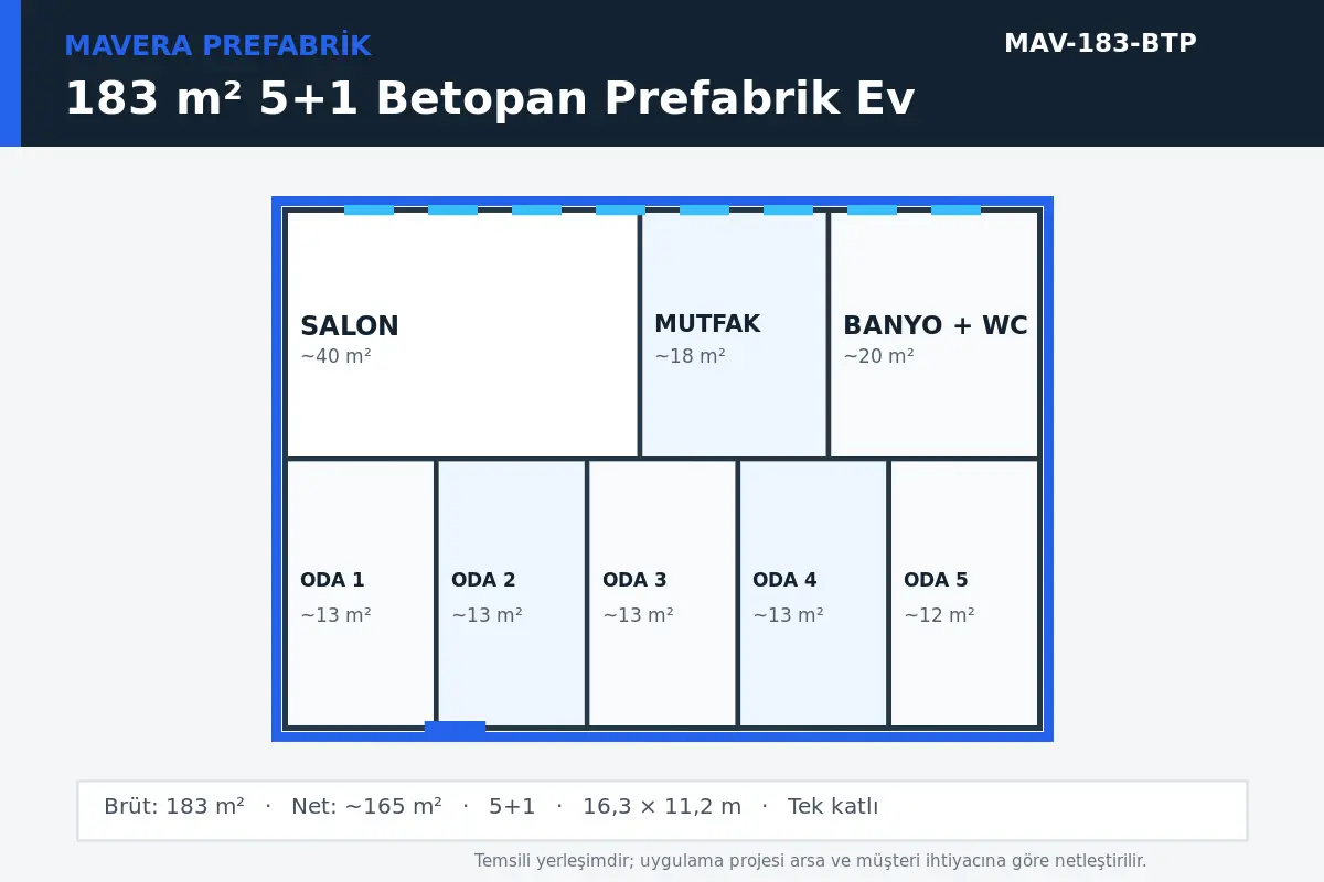 183 m² 5+1 Betopan prefabrik ev temsili kat planı
