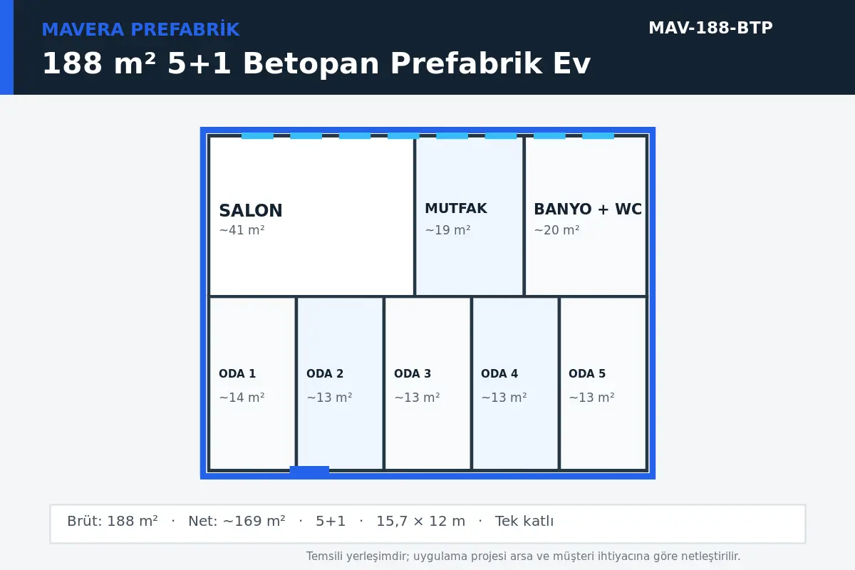 188 m² 5+1 Betopan prefabrik ev temsili kat planı