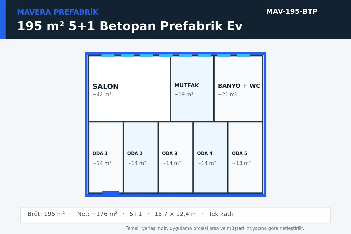 195 m² 5+1 Betopan prefabrik ev temsili kat planı