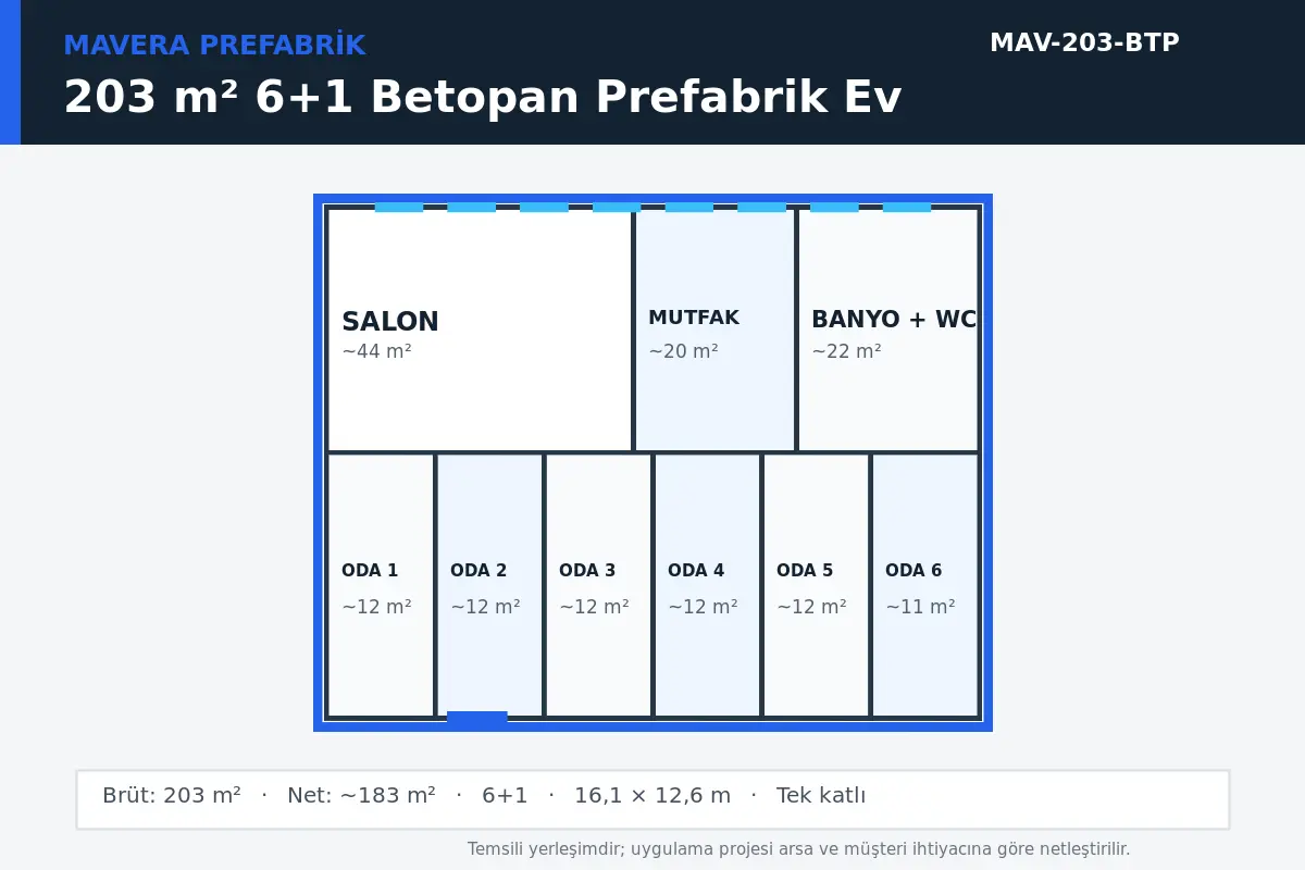 203 m² 6+1 Betopan prefabrik ev temsili kat planı
