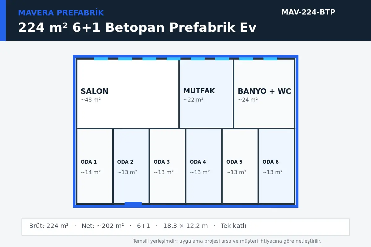 224 m² 6+1 Betopan prefabrik ev temsili kat planı