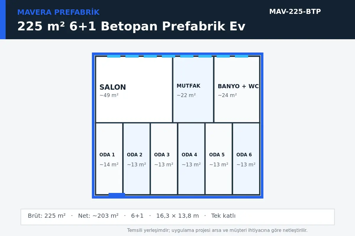 225 m² 6+1 Betopan prefabrik ev temsili kat planı