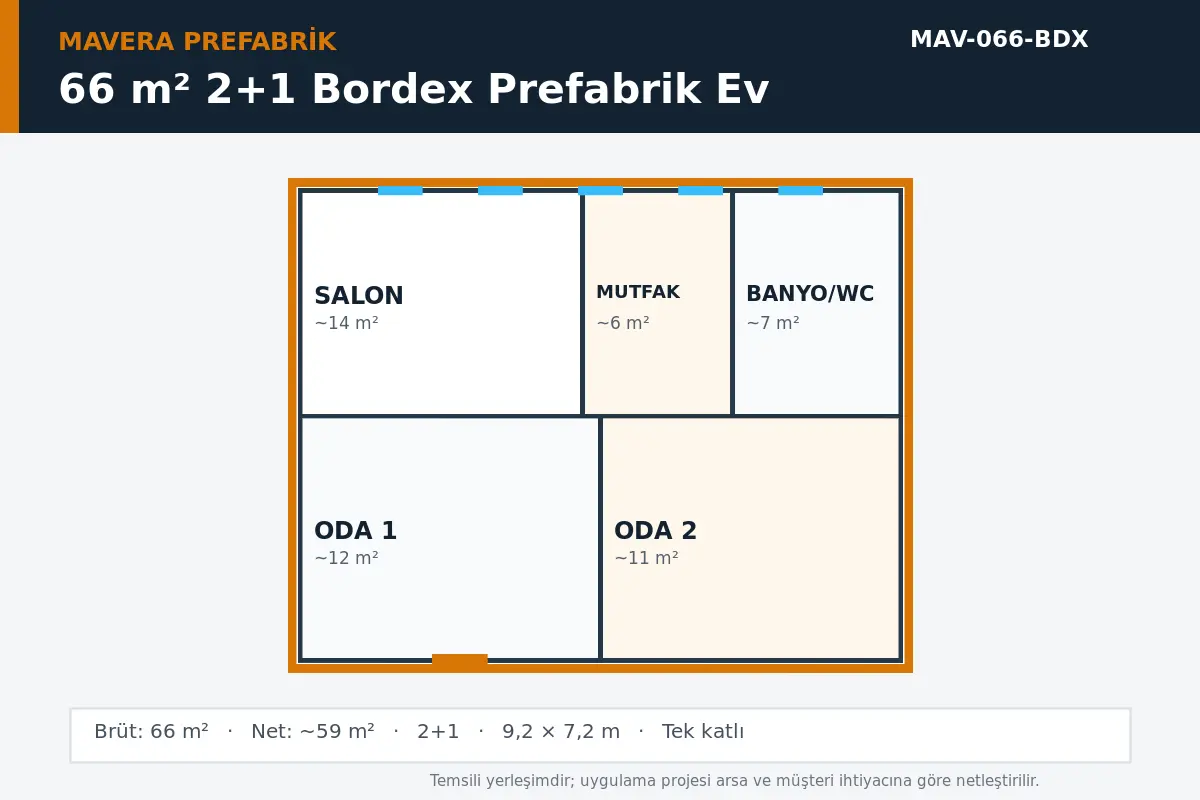 66 m² 2+1 Bordex prefabrik ev temsili kat planı