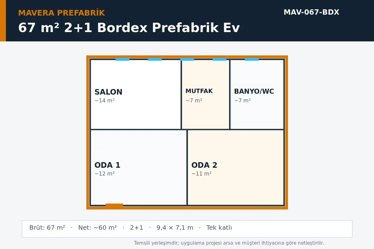 67 m² 2+1 Bordex prefabrik ev temsili kat planı