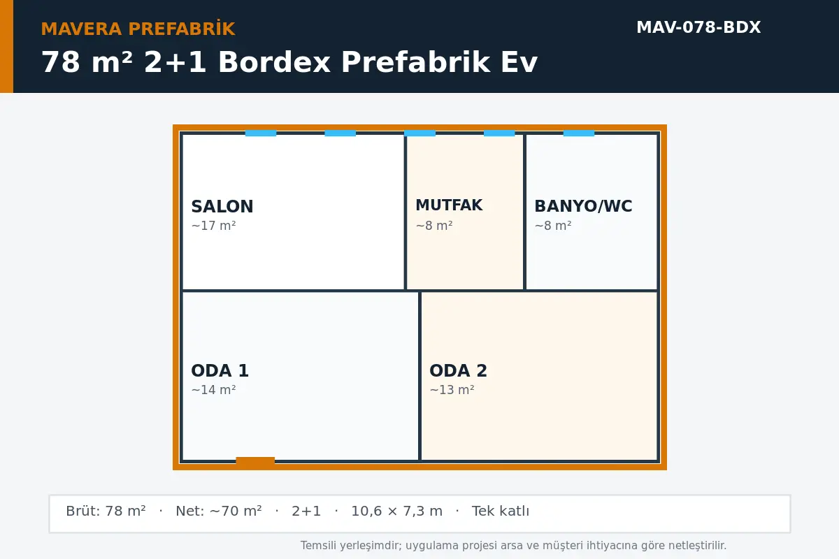 78 m² 2+1 Bordex prefabrik ev temsili kat planı