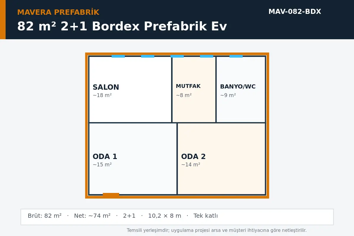 82 m² 2+1 Bordex prefabrik ev temsili kat planı