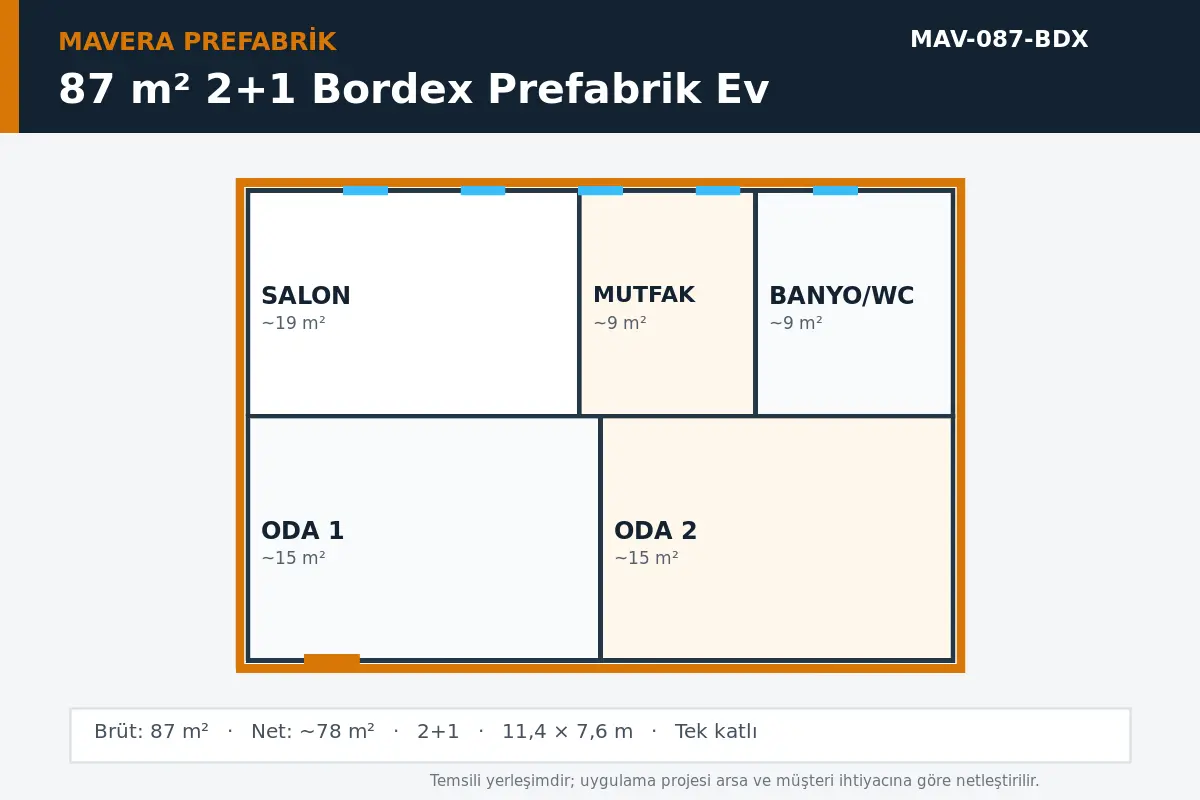 87 m² 2+1 Bordex prefabrik ev temsili kat planı