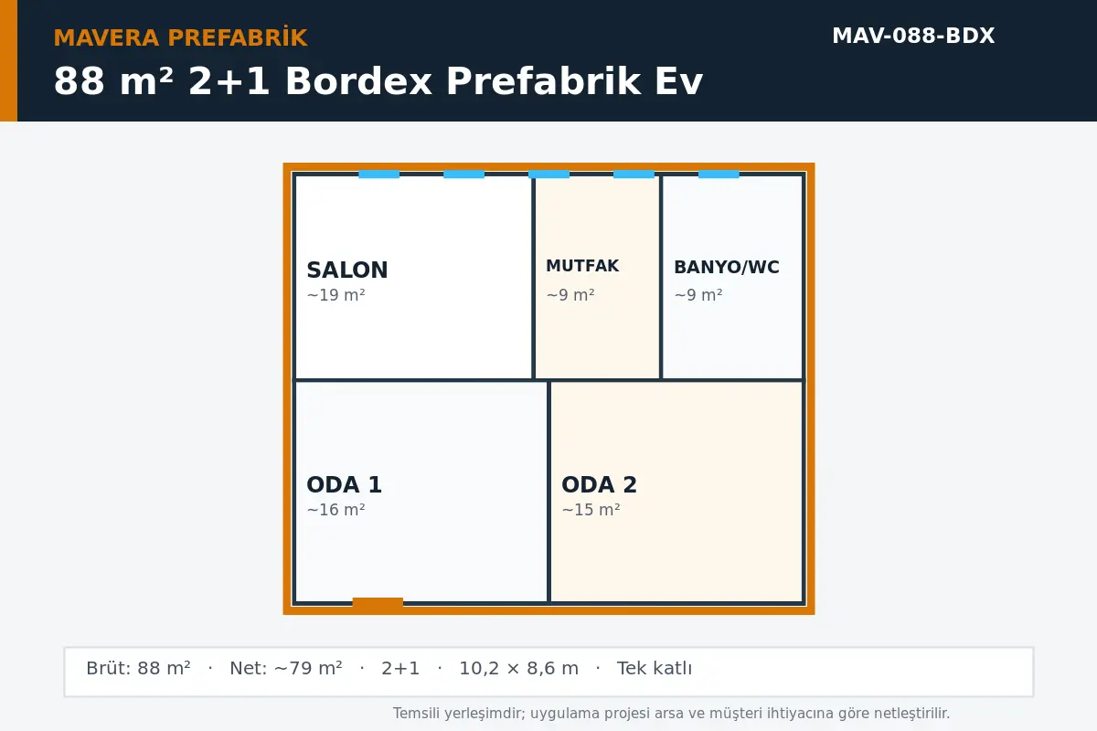 88 m² 2+1 Bordex prefabrik ev temsili kat planı