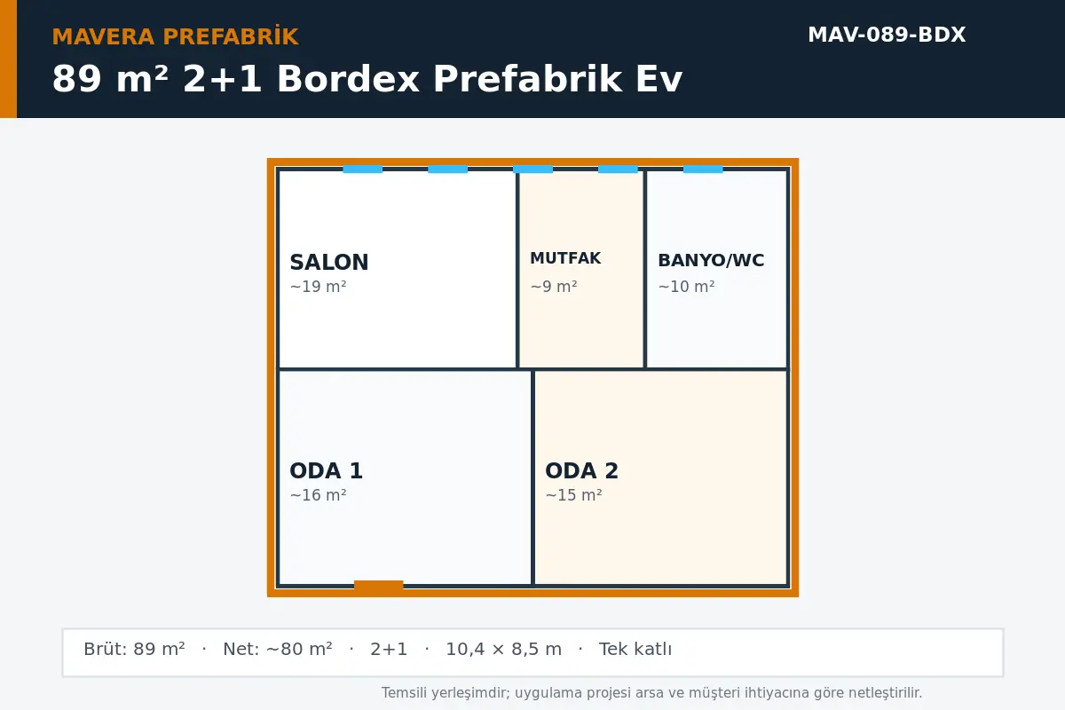 89 m² 2+1 Bordex prefabrik ev temsili kat planı