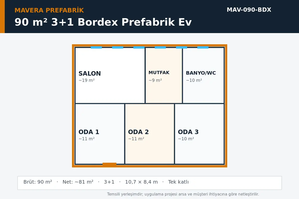 90 m² 3+1 Bordex prefabrik ev temsili kat planı