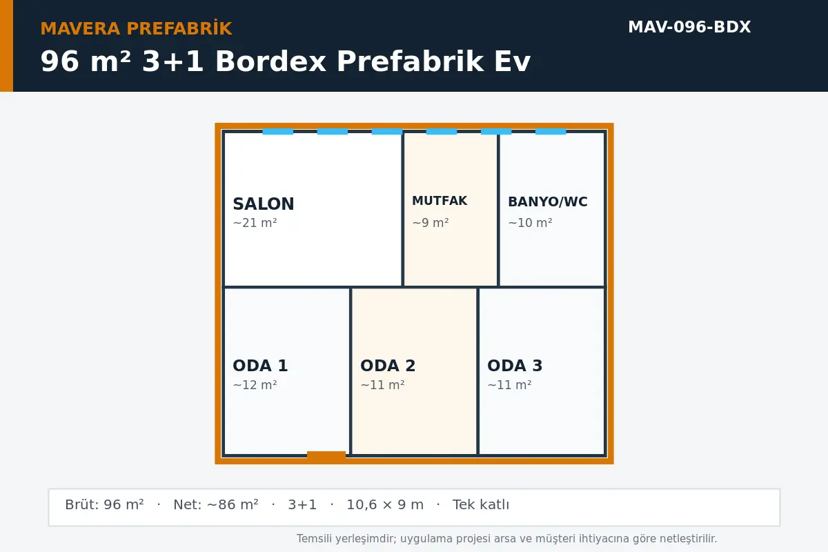 96 m² 3+1 Bordex prefabrik ev temsili kat planı