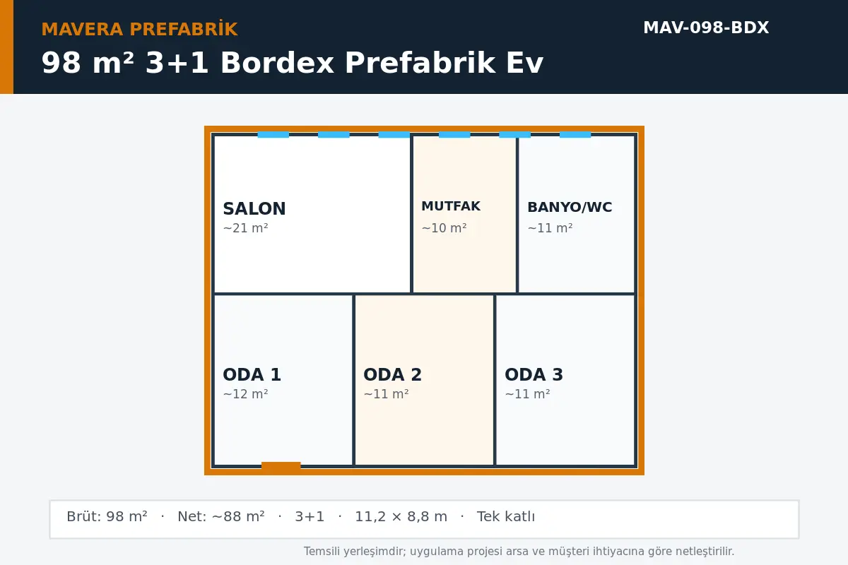 98 m² 3+1 Bordex prefabrik ev temsili kat planı